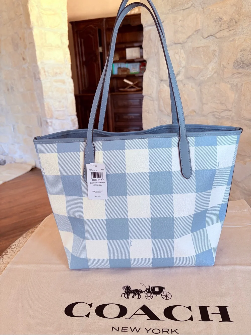 Coach Blue and White Gingham Tote with Cherry Charm
